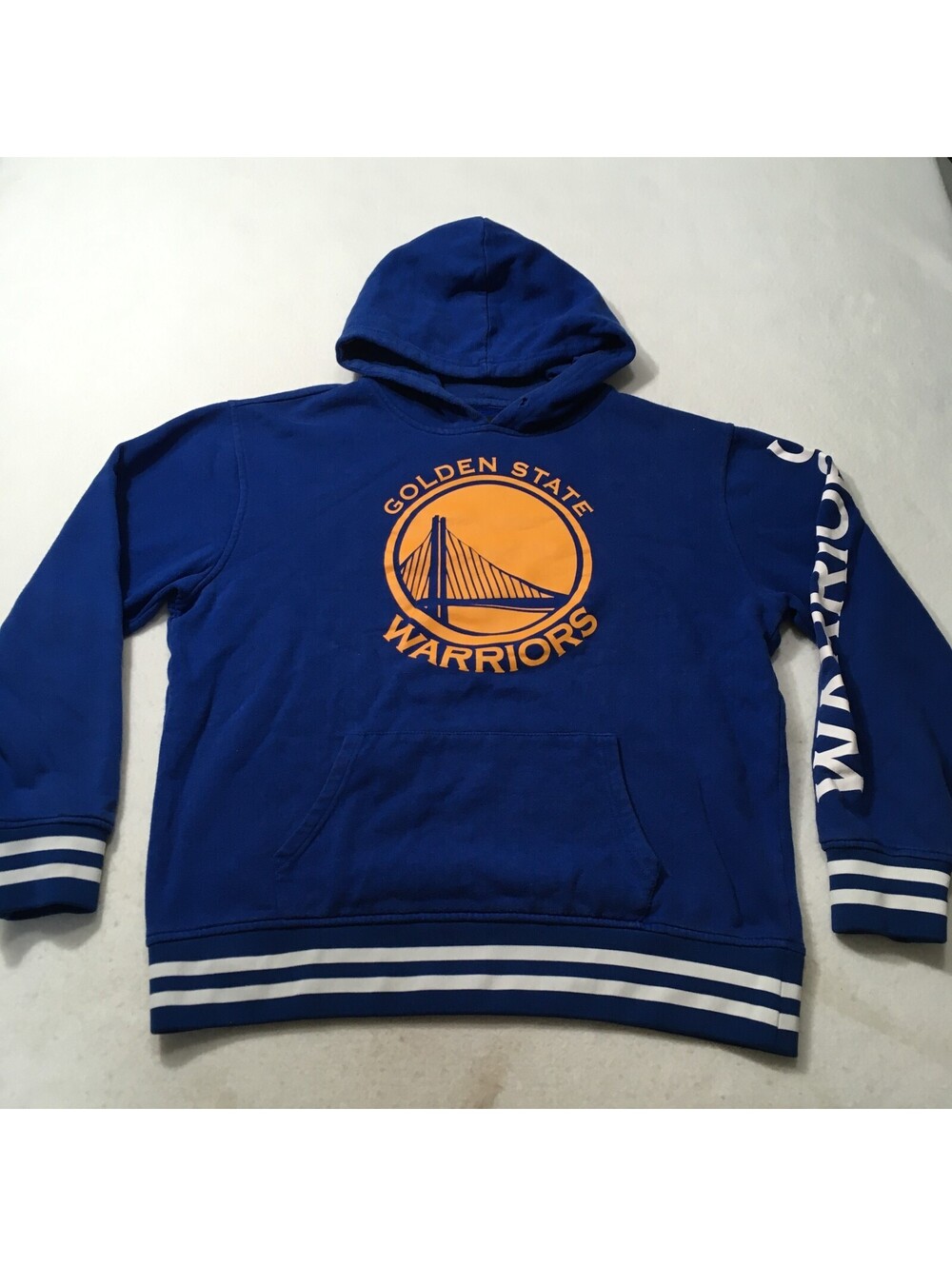 blue GOLDEN STATE WARRIORS hooded Sweatshirt Mens large Spellout sleeve